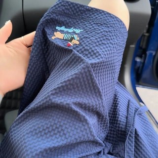 藏藍色多巴胺泡泡紗短褲男女臘腸小狗刺繡五分褲情侶速干休閒褲