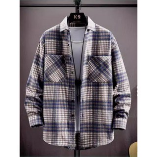 男士毛呢格子襯衫，秋冬款，韓版潮流，百搭上衣外套