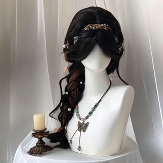 包您 稱心 假髮女全頭套 民族風側低馬尾氛圍感中分大波浪長捲髮Lolita假髮套, 純白色,下單送發網, 1個