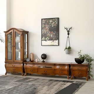 제우스 엔틱 원목 거실장세트 (장식장+거실장+협탁), 제우스 엔틱거실장세트