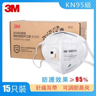 現貨！3M口罩 9501V 防粉塵顆粒物 面罩帶閥 N95級防霧霾PM2.5防塵口鼻罩透氣, 1個, 獨立包裝！耳帶式有呼吸閥【15入/盒】