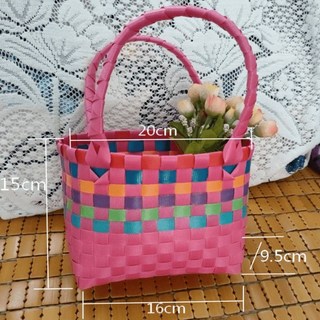 鏤空針織兒童迷你小方包，2021新款編織菜籃子草編女包，度假沙灘手提小包