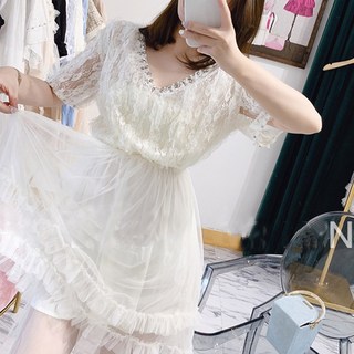 VINASHOP 法式名媛風 V領 水鑽釘珠 高腰蕾絲網紗洋裝 伴娘禮服 OPS200859