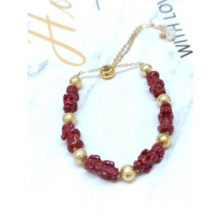 天然硃砂貔貅手鍊，抽拉設計，925銀飾