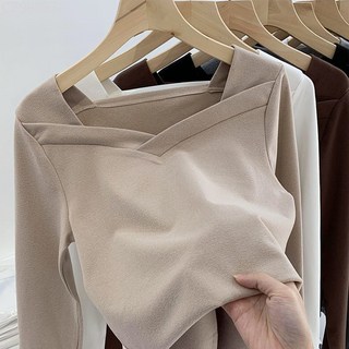 大碼德絨打底衫女秋冬新款設計感小眾方領不規則磨毛洋氣內搭上衣