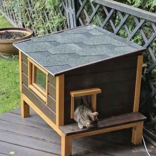 貓屋貓別墅貓房貓窩 實木雙層 保暖防寒防風防水防雨防腐, 原木黃胡桃色,長90 x寬74 x高80厘米, 1個