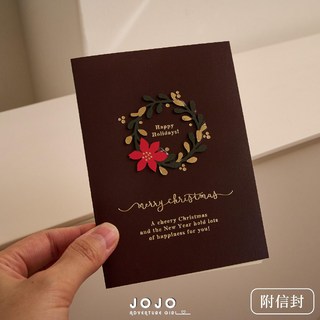 JOJO 聖誕節祝福燙金賀卡 附信封, 1個, 聖誕花環(咖)