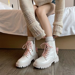 빛나는 판다 워커 여성용봄가을 라이더부츠 슬림핏 에나멜 핑크리본
