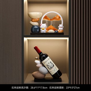 热销 轉收納玄關擺 裝飾品喬遷鑰 櫃電視櫃家居 招財貓石來運 件入戶客廳酒Q, 招財貓流沙畫(黑色)+石來運轉酒架