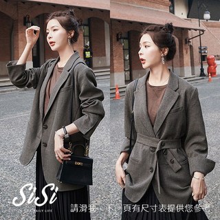 SISI 英倫復古知性西裝領長袖反褶腰帶口袋中長款西裝外套上衣辦公約會休閒秋冬