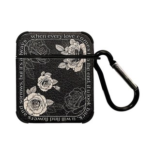 荔枝紋法式玫瑰 AirPods保護套，時尚皮革保護殼，防刮耐磨，無線藍牙耳機保護套, 黑色, 1個, AirPods 4