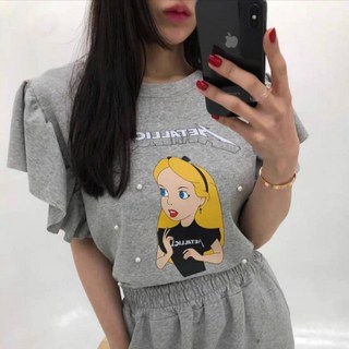 雪莉小姐 韓版釘珠 卡通金髮女孩 印花荷葉袖上衣 棉T