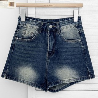 高腰顯瘦側開叉A字刷色牛仔短褲 丹寧短褲女