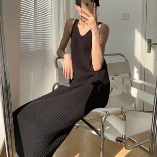 Helena 氣質針織連身裙 中長款背心裙 坑條顯瘦無袖洋裝 韓版露背吊帶裙 女裝, 黑色