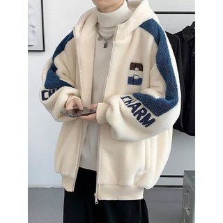 青少年羊羔毛絨加絨連帽外套 - 男款冬季保暖棉衣