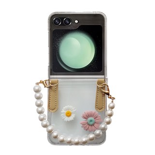 아폰케 갤럭시 Z 플립 케이스 데이지꽃 진주 스트랩 투명
