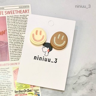 niniuu_3 S925銀針撞色笑臉耳環 復古Y2K個性可愛耳釘 淺咖啡x深咖啡