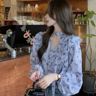 다중성 여자브이넥 플라워셔츠 긴팔상의