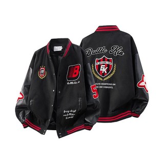 男外套 高CP值 盾徽撞色加厚夾克 拚皮袖圓領棒球外套 中性VIBE夾克