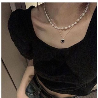 925純銀韓國新款雙層黑色愛心珍珠項鍊可折開復古港風時尚頸鏈鎖
