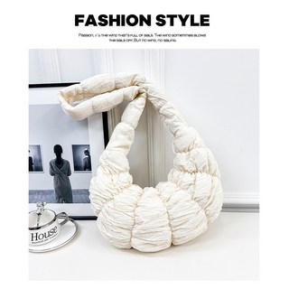 好評優選女包韓版可頌褶皺單肩斜挎雲朵包海綿輕百搭休閒時尚餃子女包, 米白色