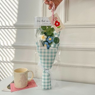 針織花束 畢業禮物 毛線花束 母親節禮物, 藍色花束+吊卡+燈+禮袋