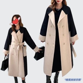 大尺碼女裝風衣外套 法式小香風赫本風毛呢長版外套 拼接撞色顯瘦韓版大衣 秋冬加厚毛呢中長版外套 (M-4XL)