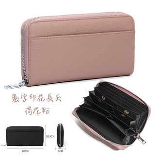 真皮RFID防盜零錢包 - 精品卡包 長夾 數字印花荷花粉 日幣錢包