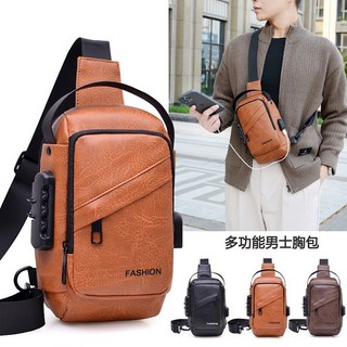 PU 斜挎包 男士 多功能 胸包 輕便商務 單肩背包, 淺棕色,均碼