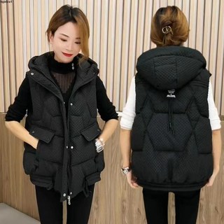 爆 秋冬馬甲背心 寬鬆大碼連帽羽絨棉馬甲女 2023新款歐版秋冬加厚馬夾外套百搭背心