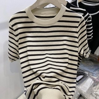 杜達女孩 淡雅斯嘉麗 冰絲條紋寬鬆短袖針織上衣