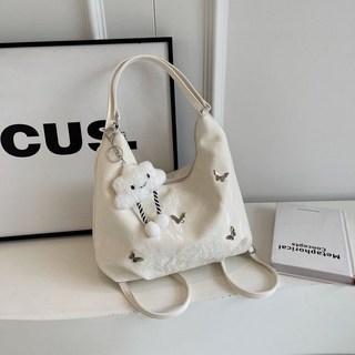 大容量秋冬包包女2025新款時尚通勤雙肩後背包多用單肩水桶托特包, 米色 帶雲朵笑臉