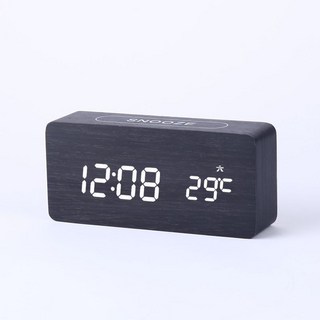 自動對時電子鍾靜音夜光小程序鬧鐘臥室桌麵座鍾充電家用鬧鈴, 8066-黑木白字-充電款