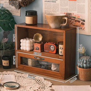 桌上收納櫃 梳妝檯置物架 辦公桌收納櫃 復古木質桌面收納整理盒, 一格一抽-透明亞克力, 1個