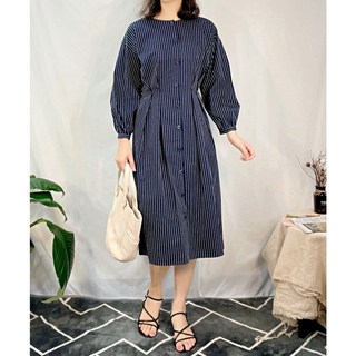 NATURAL BEAUTY BASIC 優雅細直條收腰長洋裝 氣質 宴會禮服, 深藍