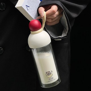 紅鼻子吸管雙層隔熱防燙高硼硅玻璃杯 高顏值耐高溫便攜刻度水杯, 紅鼻子玻璃刻度280ml,兒童檸檬杯【提手】, 1個