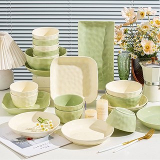 餐具套裝 可愛餐具 陶瓷餐具 陶瓷碗 喫飯碗奶油色碗碟套裝家用2024新款餐具盤子碗筷高級感陶瓷碗碟新居入宅, 奶白色,4.7英寸石紋碗(4只), 1個