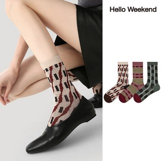 Hello Weekend 여성 양말 배색 겨울 양말 중목 양말 장목 양말 중목 양말 스트라이프 편안한 무압박 운동 통기성 패션 면 양말 3족 세트