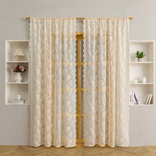 鬱金香繡花蕾絲窗紗，簡約法式透光紗簾, 米白色,140*260