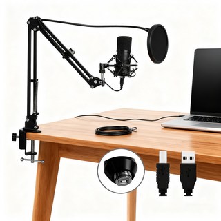 BIKASU 유선 스탠드마이크 USB 팟캐스트 게이밍 방송 녹음용 방송용 콘덴서 구즈넥마이크, 블랙