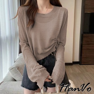 HanVo 典雅圓領薄透防曬抽繩罩衫 - 韓系甜美鏤空透氣薄長袖女裝, 咖色