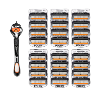 POLIIN 스윙 면도기 + 신형 프로글라이드 면도날 블랙주황 질레트 호환용, 24개입, 1세트