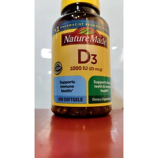 Nature Made 維生素D3 1000IU軟膠囊 (650粒) - 支持骨骼、牙齒與免疫健康, 650個, 1顆