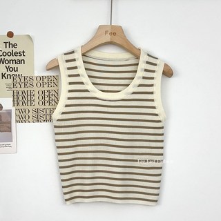 【Fee現貨3色】冰絲涼感短版針織背心 條紋上衣 小背心 寬肩帶 女上衣 圓領 螺紋 彈力背心 爆款款 削肩