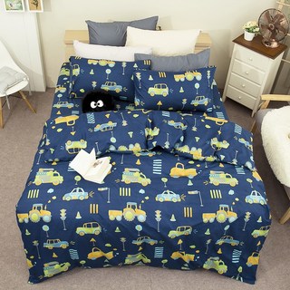 HOFY 台灣製雲柔織 車車上班中P928 床包枕套 單人3.5尺床包枕套組(不含被套)