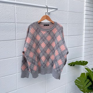 軟糯菱格針織上衣 韓系慵懶長袖毛衣 秋冬設計感針織衫