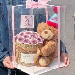 畢業禮物 玩偶抱花束 小熊玩偶公仔玫瑰花束 小香風花束 女生送禮 閨蜜禮物 男生禮物, 1個, 11朵烏梅子醬送氛圍燈+白底透明禮盒,帽子熊【38cm送賀卡】