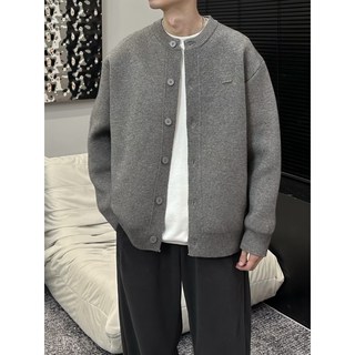 2026春秋新款棒球領粗針開衫純色寬鬆休閒毛衣外套 男款 百搭