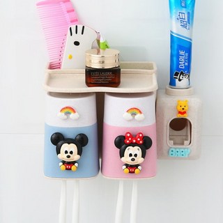 doly 衛生間免打孔壁掛式牙刷架漱口杯套裝置物架 家用情侶兒童卡通可愛, 米奇米妮兩人位含擠牙膏器, 1個