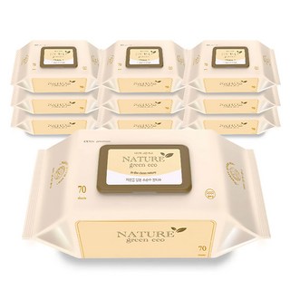 네이처 그린 에코 초순수 아기 물티슈 더 도톰하고 더 넉넉한 사이즈 엠보싱 캡형(55 65 75gsm), 75g, 70개입, 10개